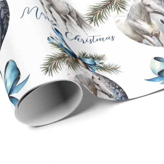 Elegant blauw Kerstmis wit paard ruitersport Cadeaupapier (Rol Hoek)