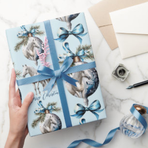Elegant blauw Kerstmis wit paard ruitersport Cadeaupapier