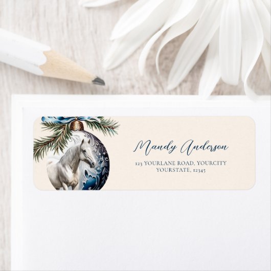 Elegant blauw Kerstmis wit paard ruitersport Etiket (Insitu)