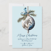 Elegant blauw Kerstmis wit paard ruitersport Feestdagenkaart (Voorkant)