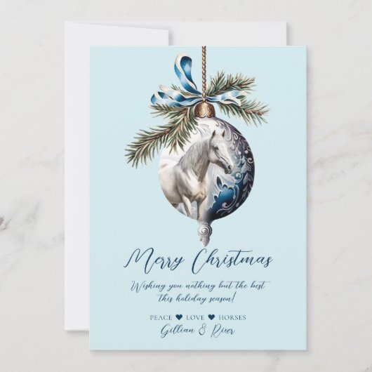 Elegant blauw Kerstmis wit paard ruitersport Feestdagenkaart (Voorkant)