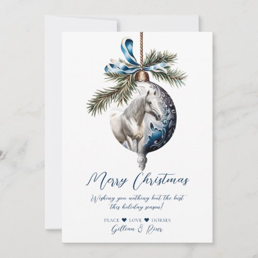 Elegant blauw Kerstmis wit paard ruitersport Feestdagenkaart (Voorkant)