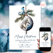 Elegant blauw Kerstmis wit paard ruitersport Feestdagenkaart