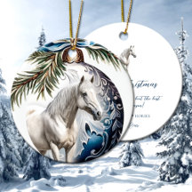 Elegant blauw Kerstmis wit paard ruitersport