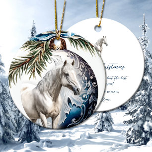 Elegant blauw Kerstmis wit paard ruitersport Keramisch Ornament