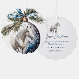 Elegant blauw Kerstmis wit paard ruitersport Ornament Kaart
