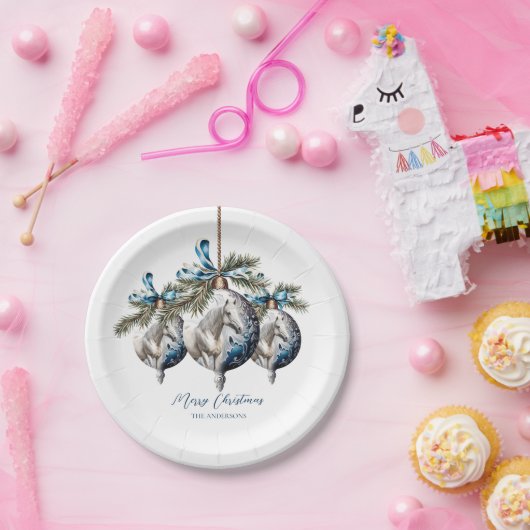 Elegant blauw Kerstmis wit paard ruitersport Papieren Bordje (Feest)