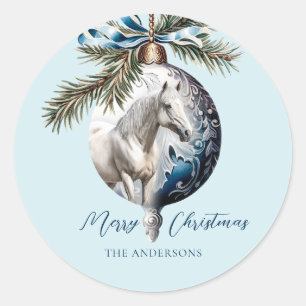 Elegant blauw Kerstmis wit paard ruitersport Ronde Sticker