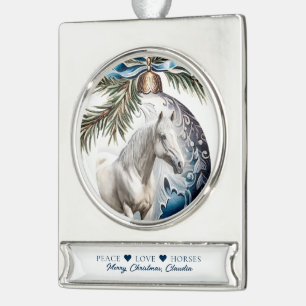 Elegant blauw Kerstmis wit paard ruitersport Verzilverd Banner Ornament