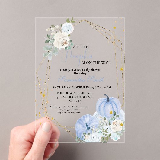 Elegant blauw klein pompoen jongen Baby shower Acryl Uitnodigingen (Insitu (Draagbaar))