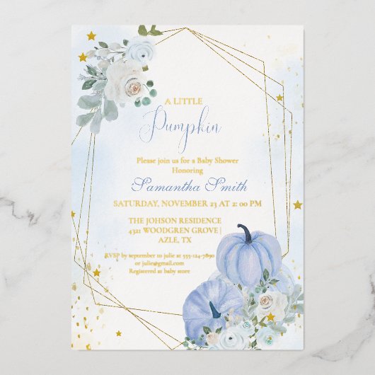 Elegant blauw klein pompoen jongen Baby shower Folie Uitnodiging (Voorkant)