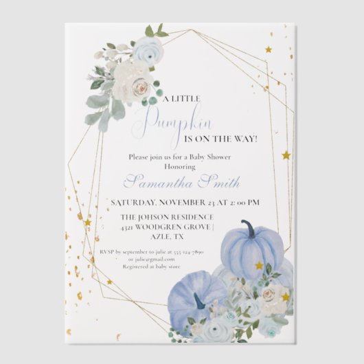 Elegant blauw klein pompoen jongen Baby shower Vellum Uitnodigingen (Voorkant)
