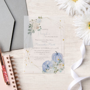 Elegant blauw klein pompoen jongen Baby shower Vellum Uitnodigingen