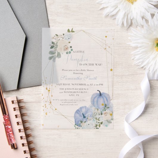 Elegant blauw klein pompoen jongen Baby shower Vellum Uitnodigingen (Huwelijk)