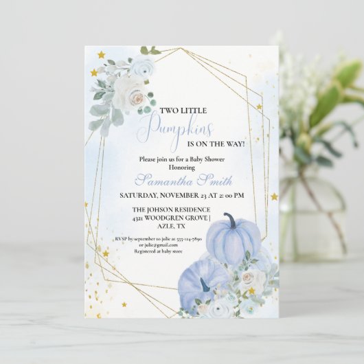 Elegant Blauw Klein Pompoen Twin Boy Baby shower Kaart (Staand voorkant)