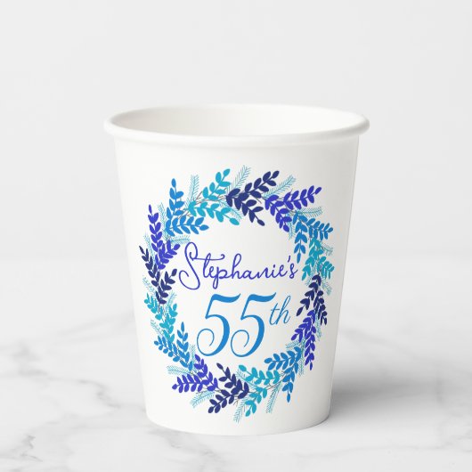 Elegant Blauw Krans 55e Verjaardagsfeestje Papieren Bekers (Achterkant)