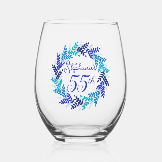 Elegant Blauw Krans 55e Verjaardagsfeestje Wijnglas Zonder Voet (Voorkant)