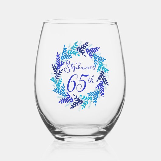 Elegant Blauw Krans 65e Verjaardagsfeestje Wijnglas Zonder Voet (Voorkant)