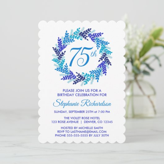 Elegant Blauw Krans 75e Verjaardagsfeestje Kaart (Staand voorkant)