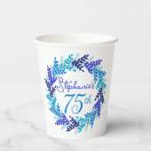 Elegant Blauw Krans 75e Verjaardagsfeestje Papieren Bekers (Achterkant)