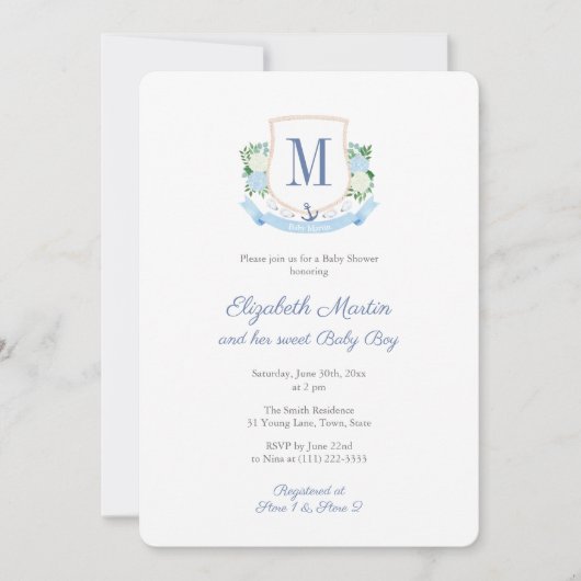 Elegant Blauw Kustmonogram Baby shower voor Jongen Kaart (Voorkant)