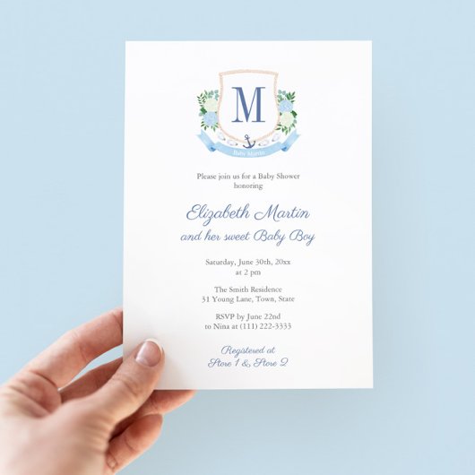 Elegant Blauw Kustmonogram Baby shower voor Jongen Kaart