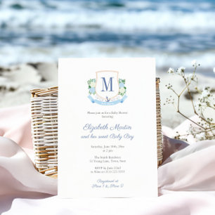 Elegant Blauw Kustmonogram Baby shower voor Jongen Kaart