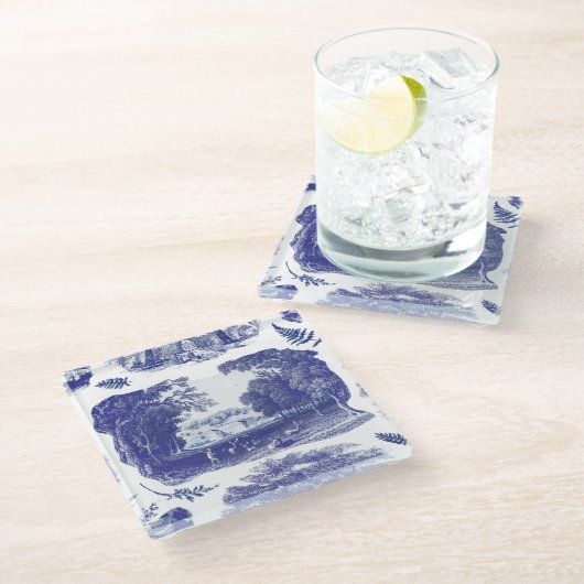Elegant Blauw Land Pastoral Toile Glass Glazen Onderzetter (Schuin)