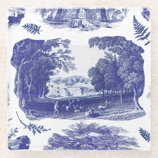 Elegant Blauw Land Pastoral Toile Glass Glazen Onderzetter (Voorkant)
