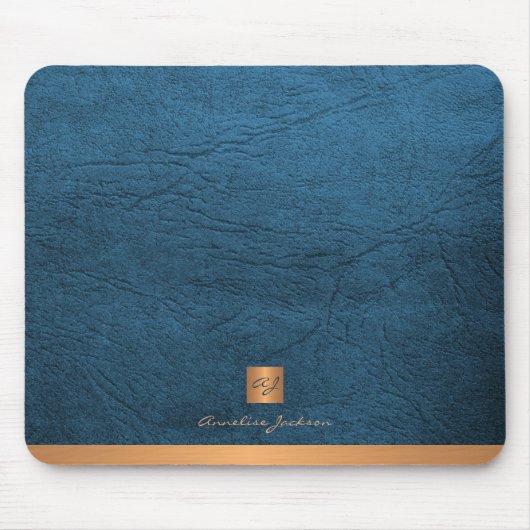 Elegant blauw lederen gouden initiaal monogram muismat (Voorkant)