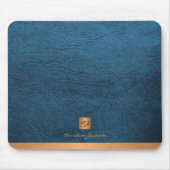 Elegant blauw lederen gouden initiaal monogram muismat (Voorkant)