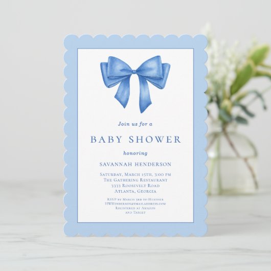 Elegant blauw lint boog Baby shower Kaart (Staand voorkant)