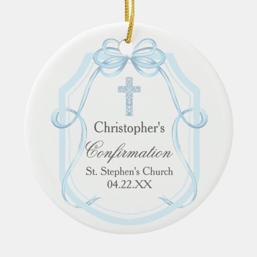 Elegant blauw lint boog bevestiging cadeau keramisch ornament (Voorkant)