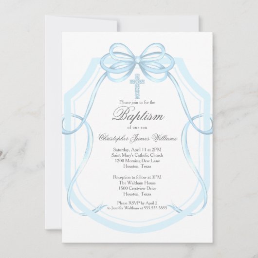 Elegant blauw lint boog doop partij kruis kaart (Voorkant)