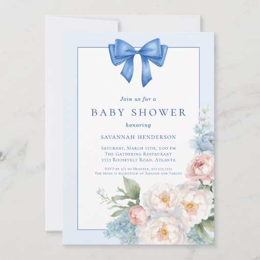 Elegant Blauw Lint Bow Floral Baby shower Kaart (Voorkant)