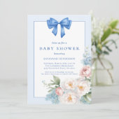 Elegant Blauw Lint Bow Floral Baby shower Kaart (Staand voorkant)