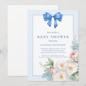 Elegant Blauw Lint Bow Floral Baby shower Kaart (Voorkant / Achterkant)