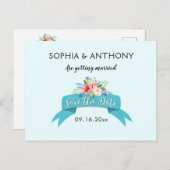 Elegant blauw lint en bloem Save the Date Aankondigingskaart (Voorkant / Achterkant)