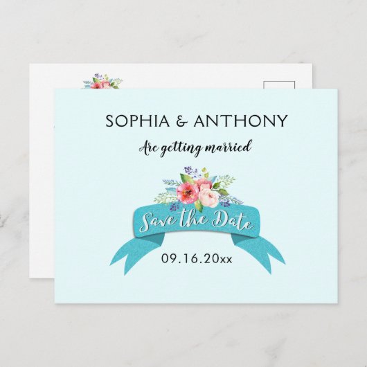 Elegant blauw lint en bloem Save the Date Aankondigingskaart (Voorkant / Achterkant)