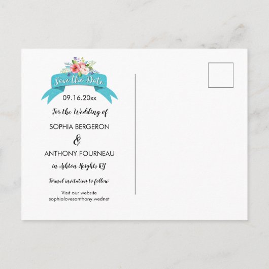 Elegant blauw lint en bloem Save the Date Aankondigingskaart (Achterkant)