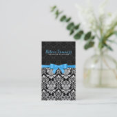 Elegant Blauw Lint Zwart & Wit Damasks 2b Visitekaartje (Staand voorkant)