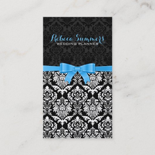 Elegant Blauw Lint Zwart & Wit Damasks 2b Visitekaartje (Voorkant)