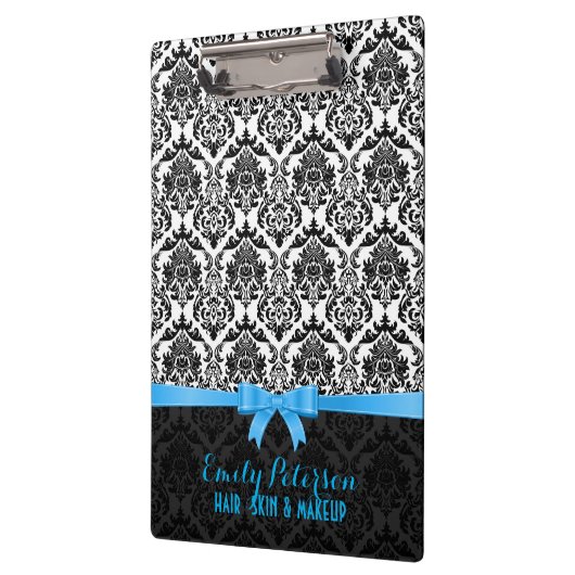 Elegant Blauw Lint Zwart & Wit Damasks Klembord (Links)