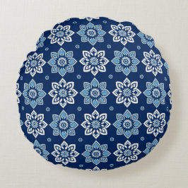 Elegant Blauw Mandala Bloemenpatroon Rond Kussen