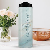 Elegant Blauw Marmer Chic Signature Script Naam Thermosbeker