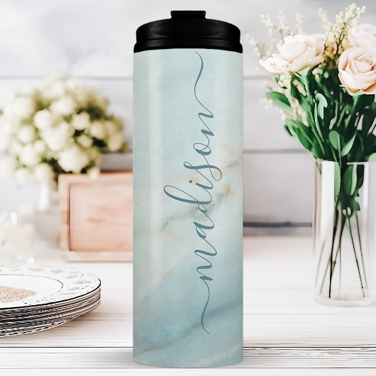 Elegant Blauw Marmer Chic Signature Script Naam Thermosbeker