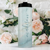 Elegant Blauw Marmer Chic Signature Script Naam Thermosbeker