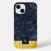 Elegant Blauw Marmer Goud Monogram Case-Mate iPhone Case (Achterkant)