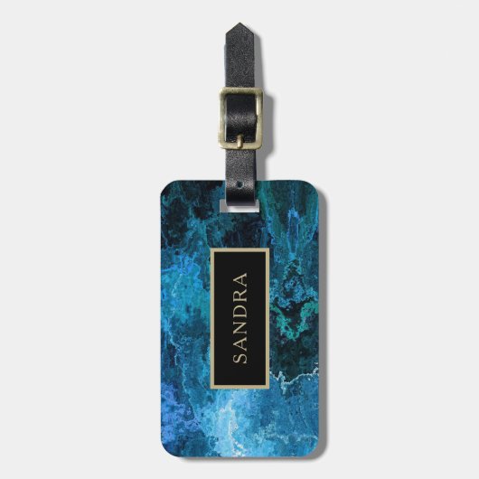 Elegant blauw marmer patroon met naam bagagelabel (Voorkant verticaal)