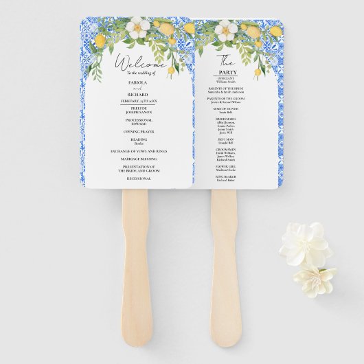 Elegant Blauw Mediterraan Huwelijksprogramma Kaart Handwaaier (Voorkant en achterkant)